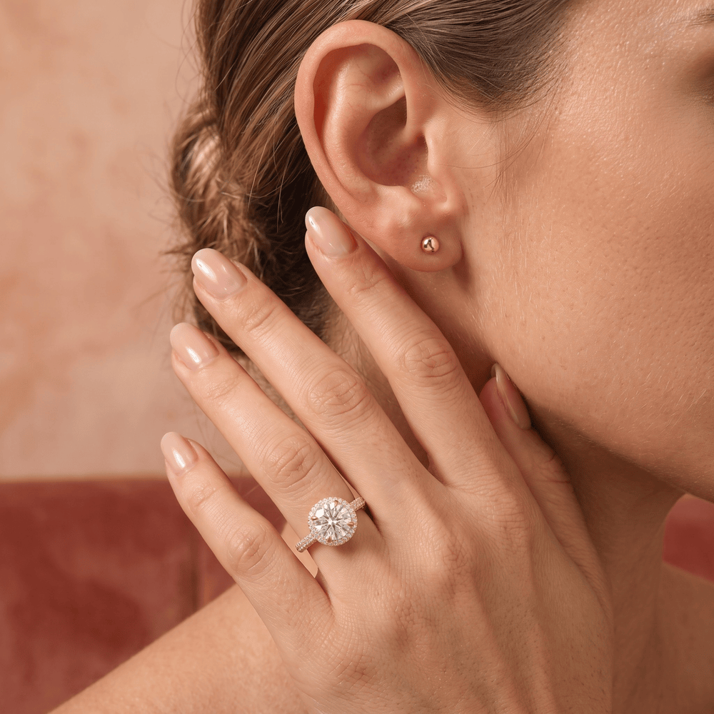 Lab grown diamond halo ring angled lifestyle shot