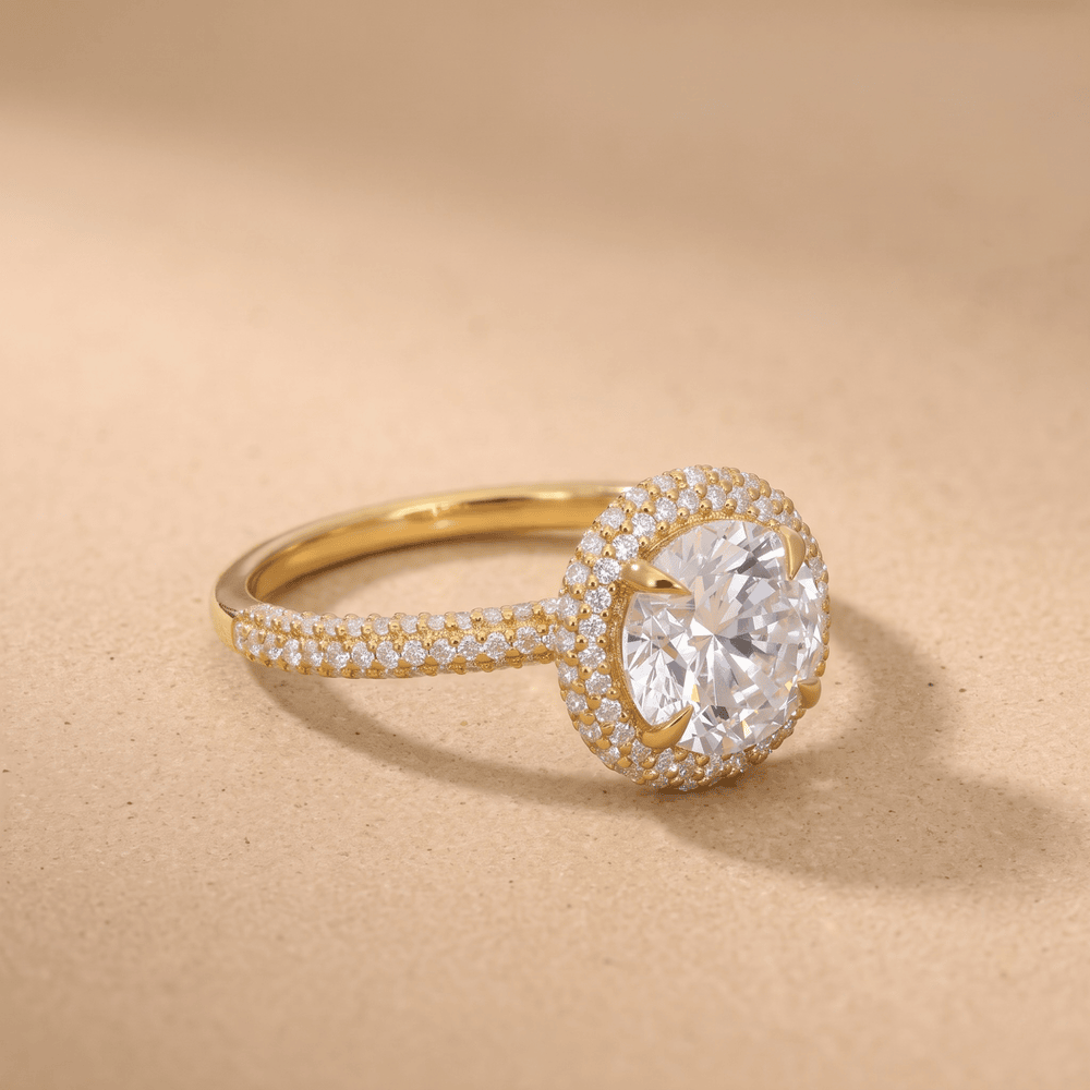 Round lab diamond halo ring side profile view
