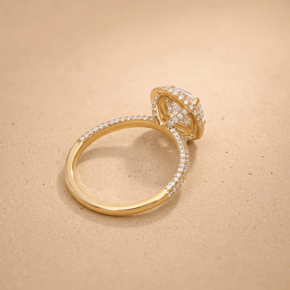 Round lab diamond halo ring side profile view