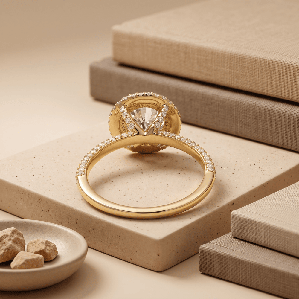 Round halo ring top view showing diamond details