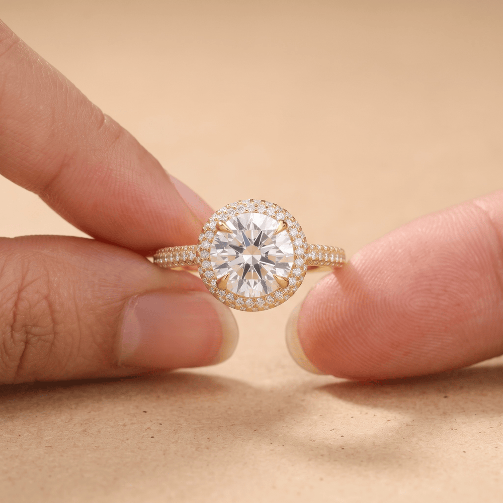 14K gold wedding ring worn on hand, halo design