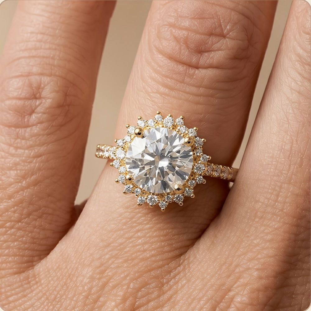Promise ring sunburst round lab diamond halo

