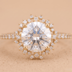 Lab diamond halo engagement ring with sunburst design detail

