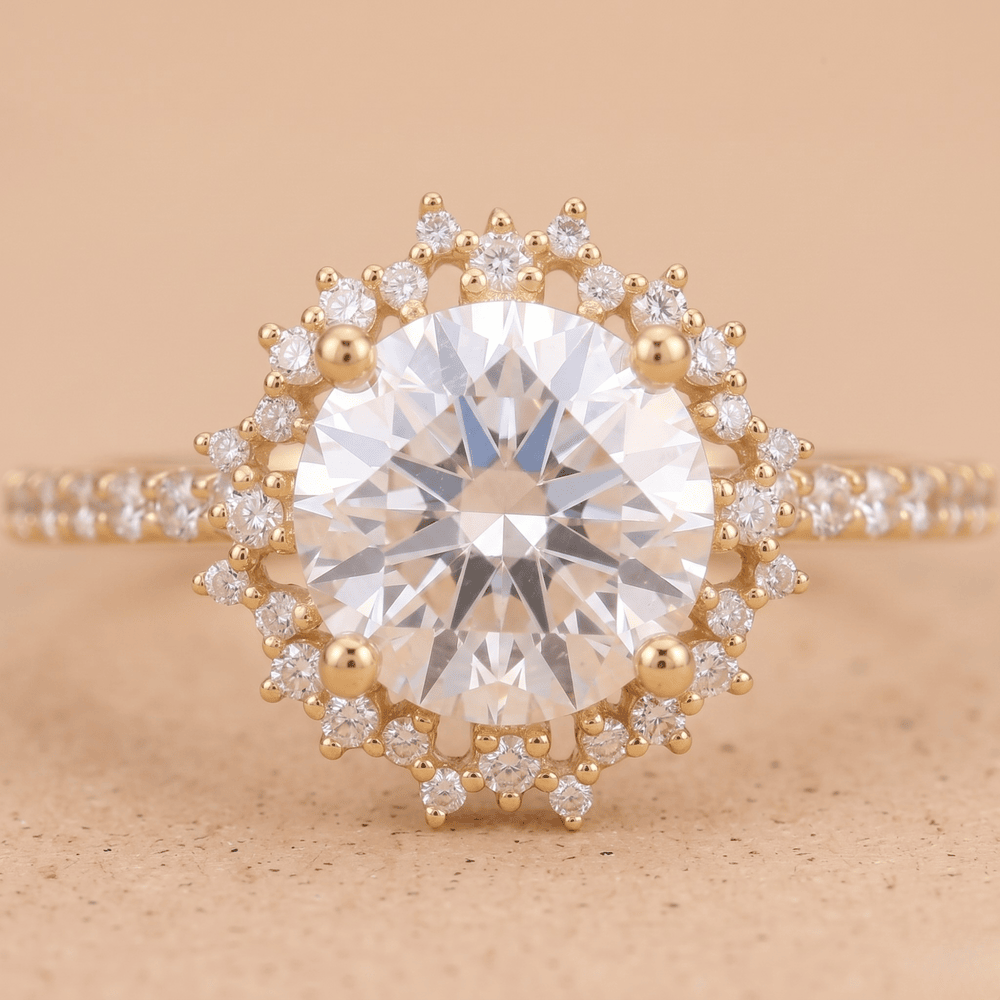 Lab diamond halo engagement ring with sunburst design detail
