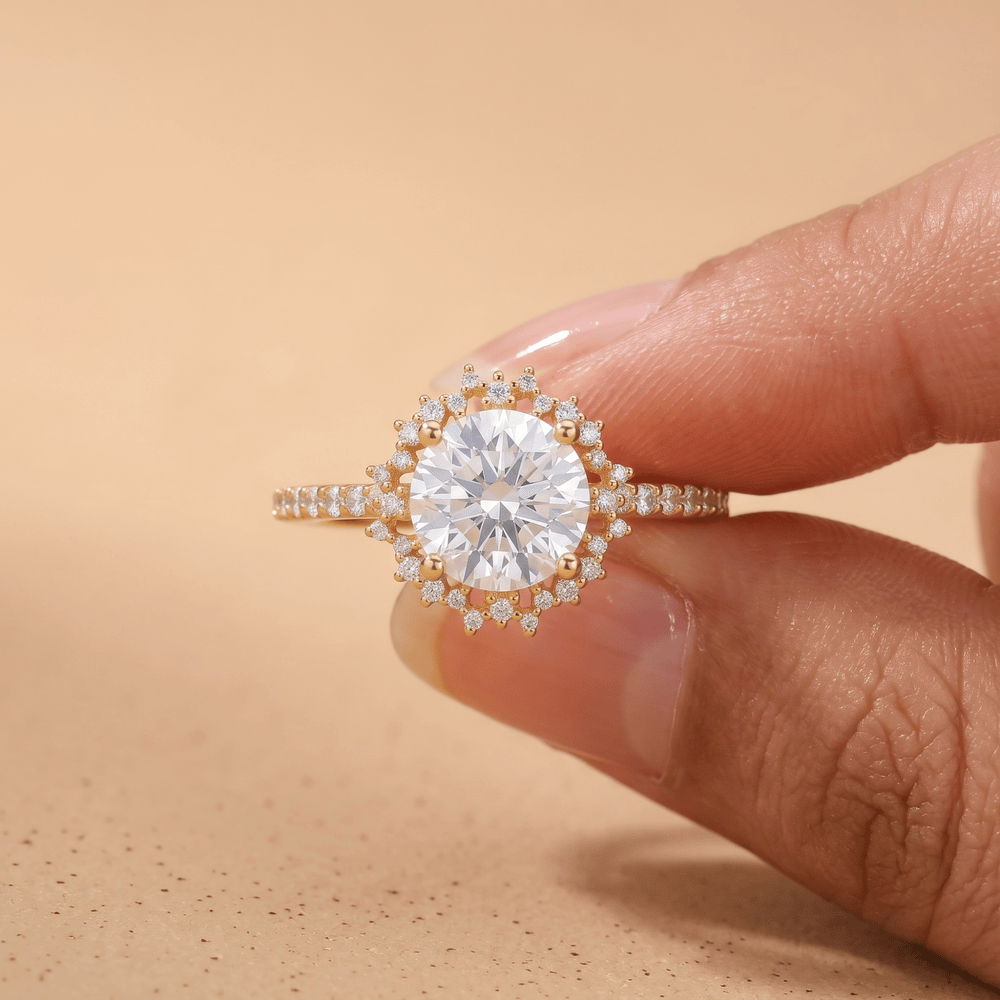 Lab-grown diamond round cut engagement ring sunburst style
