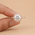 Sunburst round cut lab diamond halo engagement ring front view

