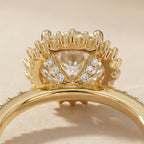 Close-up sunburst halo design lab diamond ring
