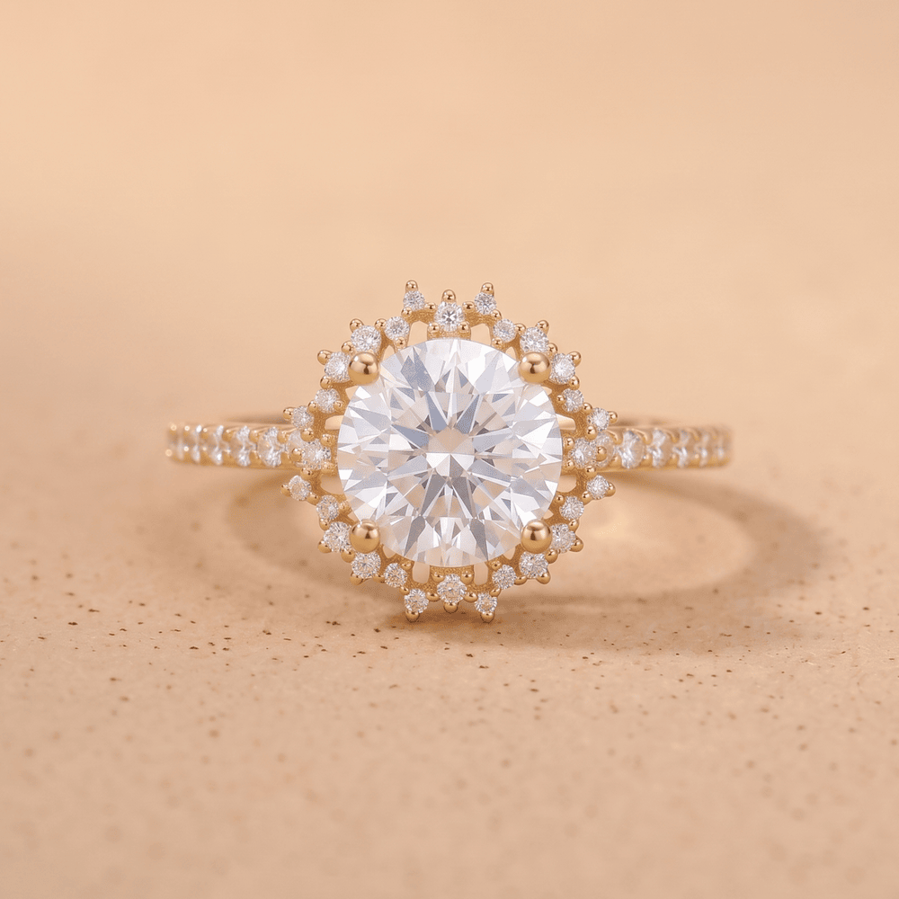 Sunburst round cut lab diamond halo engagement ring front view

