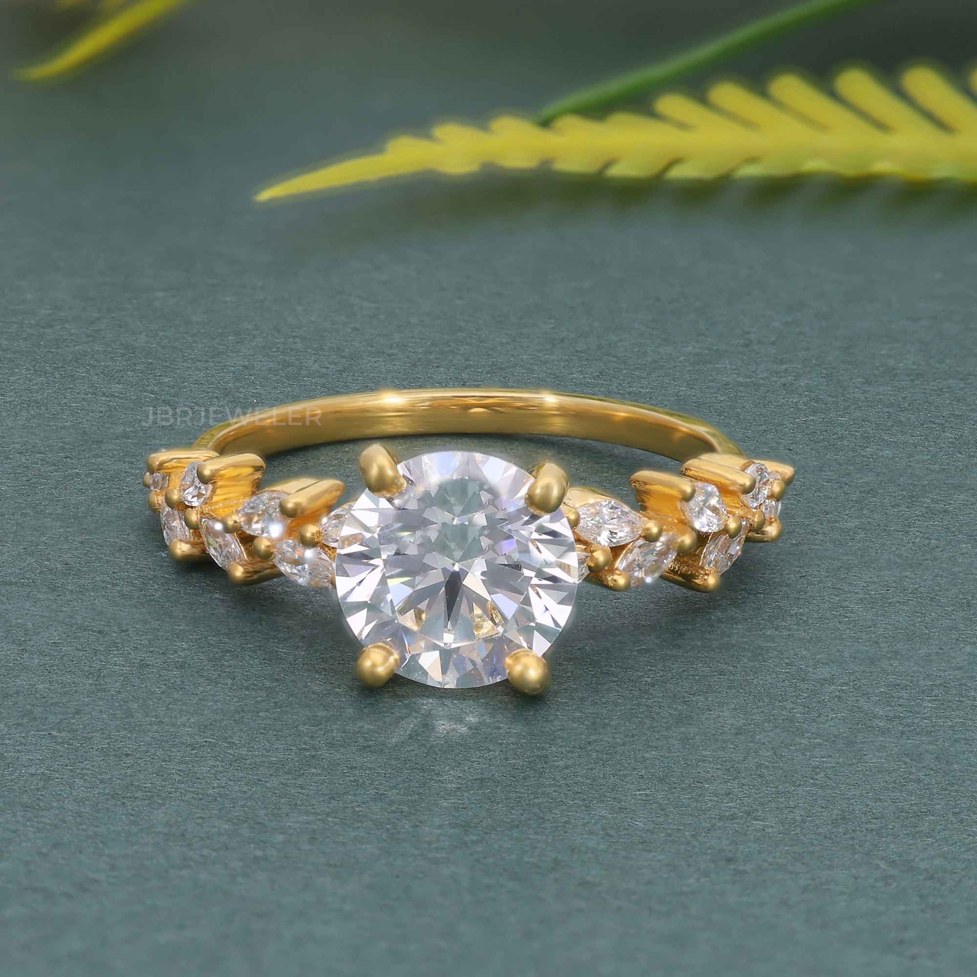 Round Lab Grown Diamond Engagement Ring With Marquise Accent