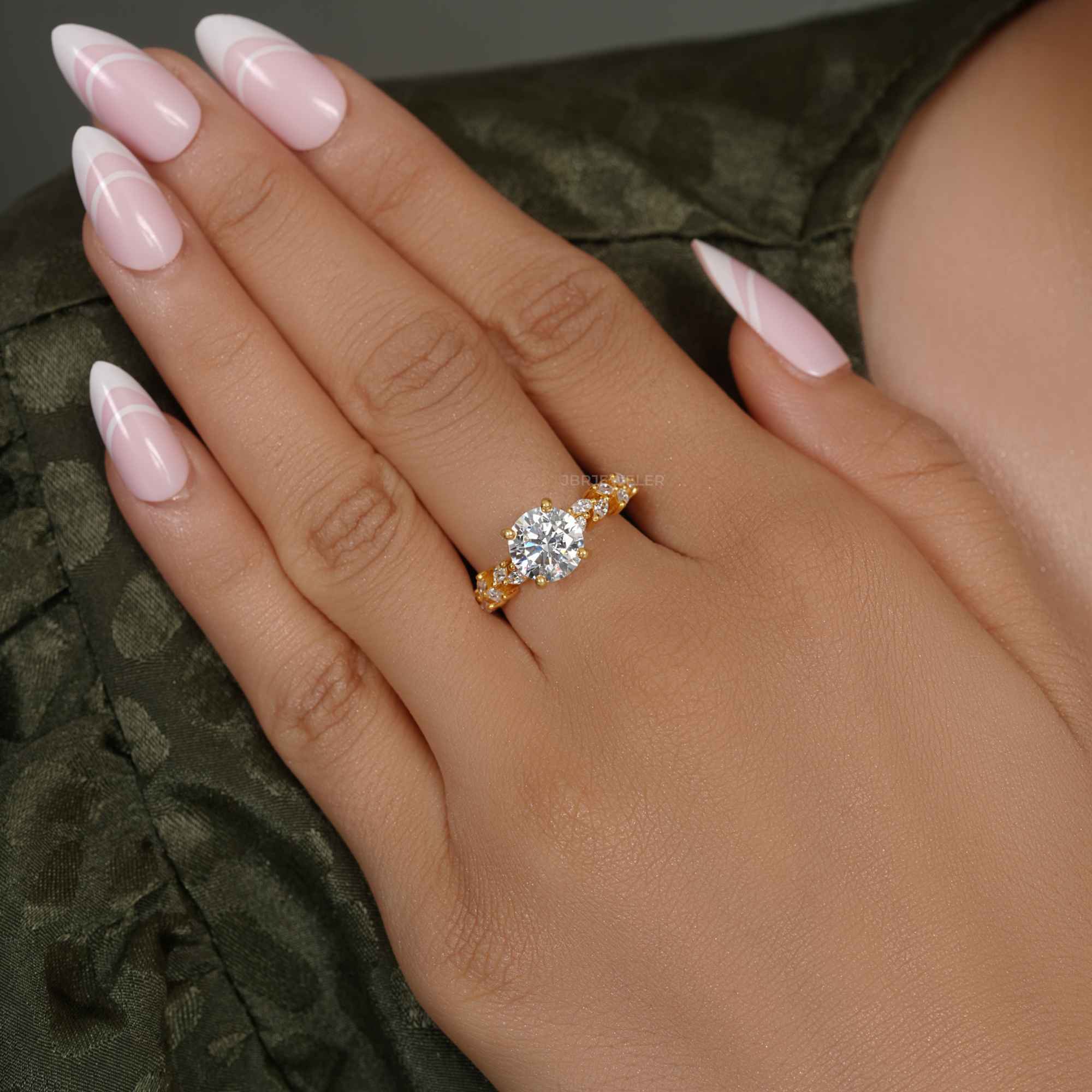 Round Moissanite Diamond Engagement Ring With Marquise Accent - JBR Jeweler