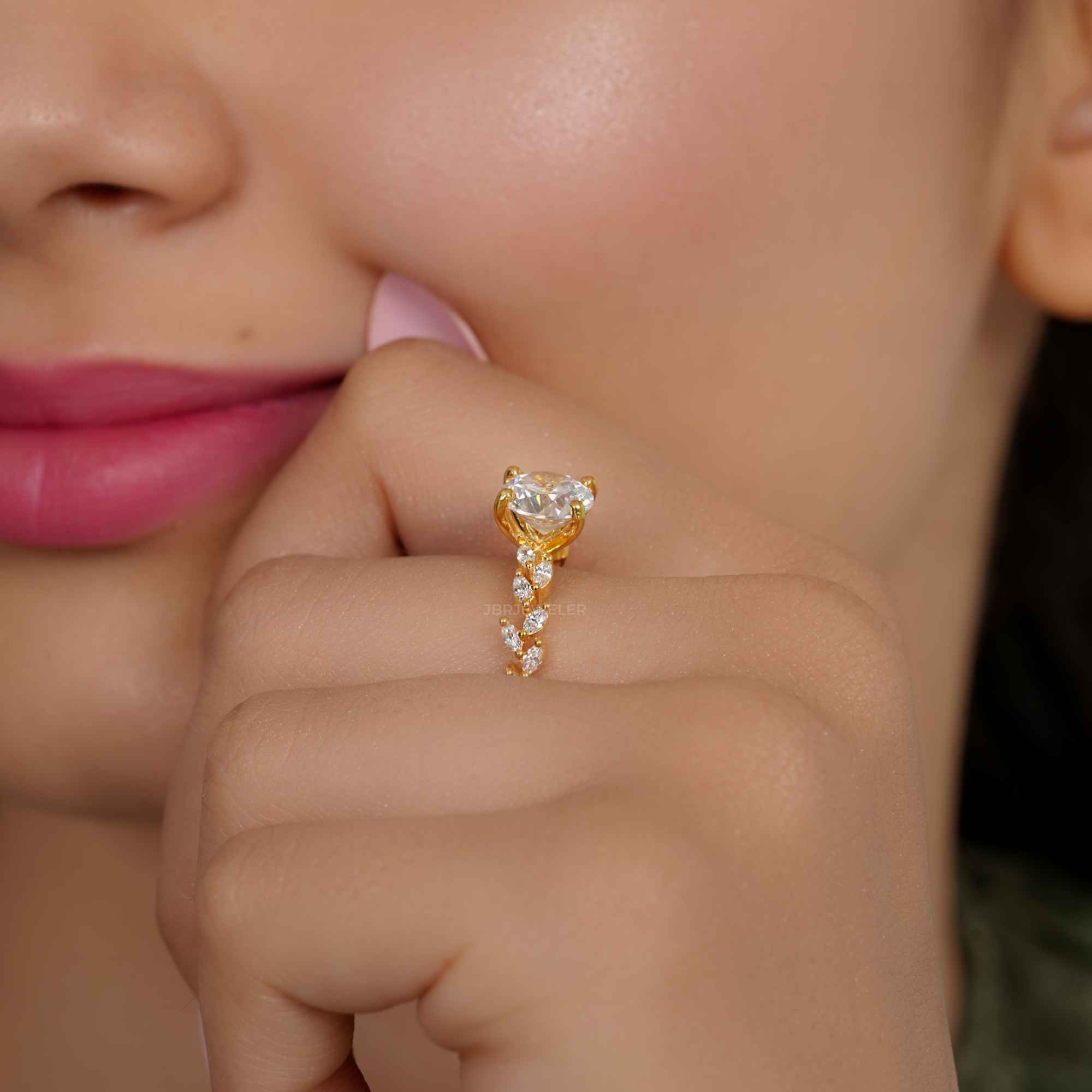 Round Lab Grown Diamond Engagement Ring With Marquise Accent - JBR Jeweler