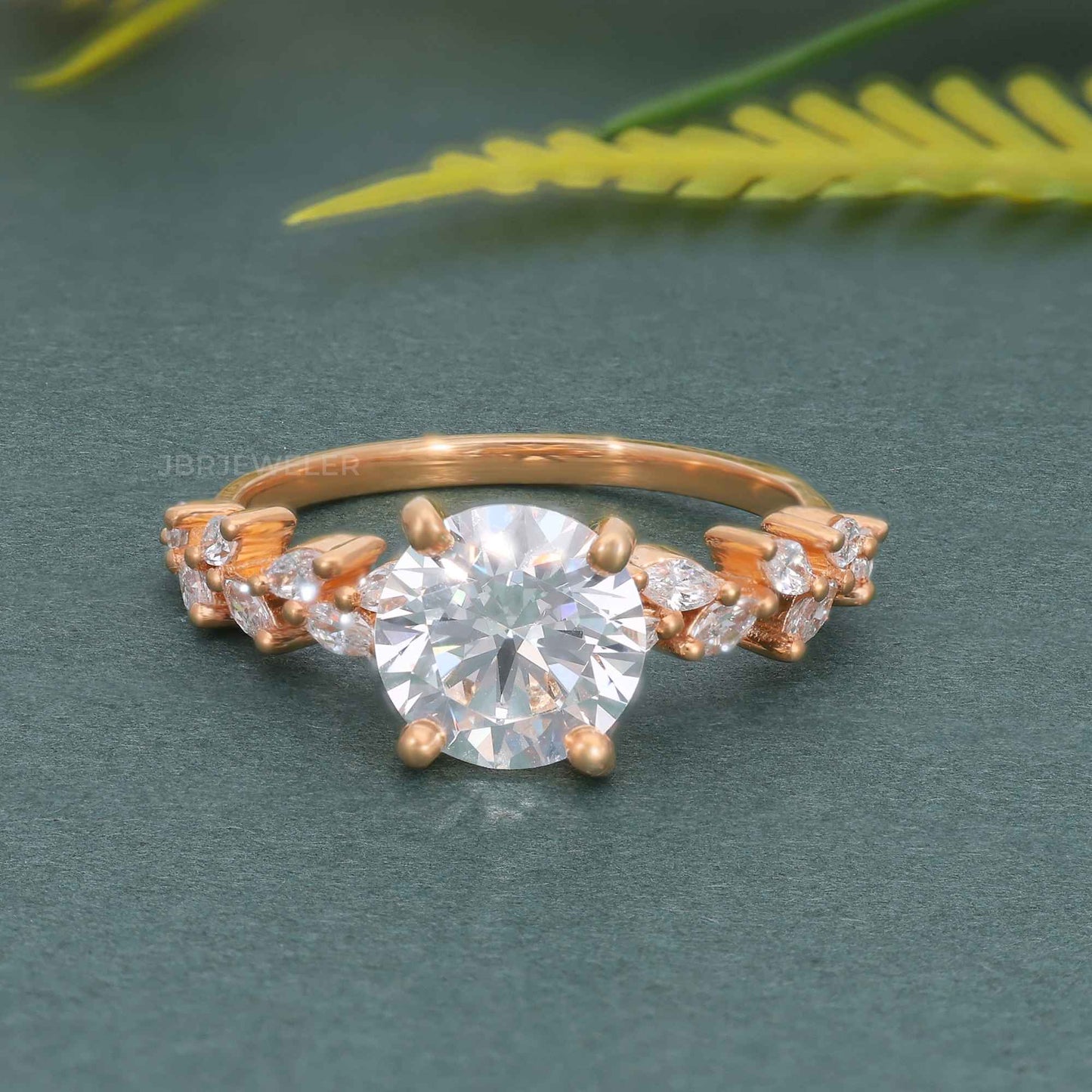 Round Lab Grown Diamond Engagement Ring With Marquise Accent