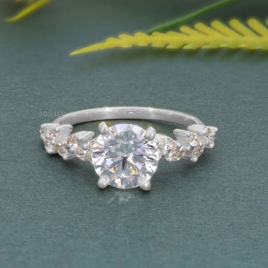 Round Lab Grown Diamond Engagement Ring With Marquise Accent - JBR Jeweler