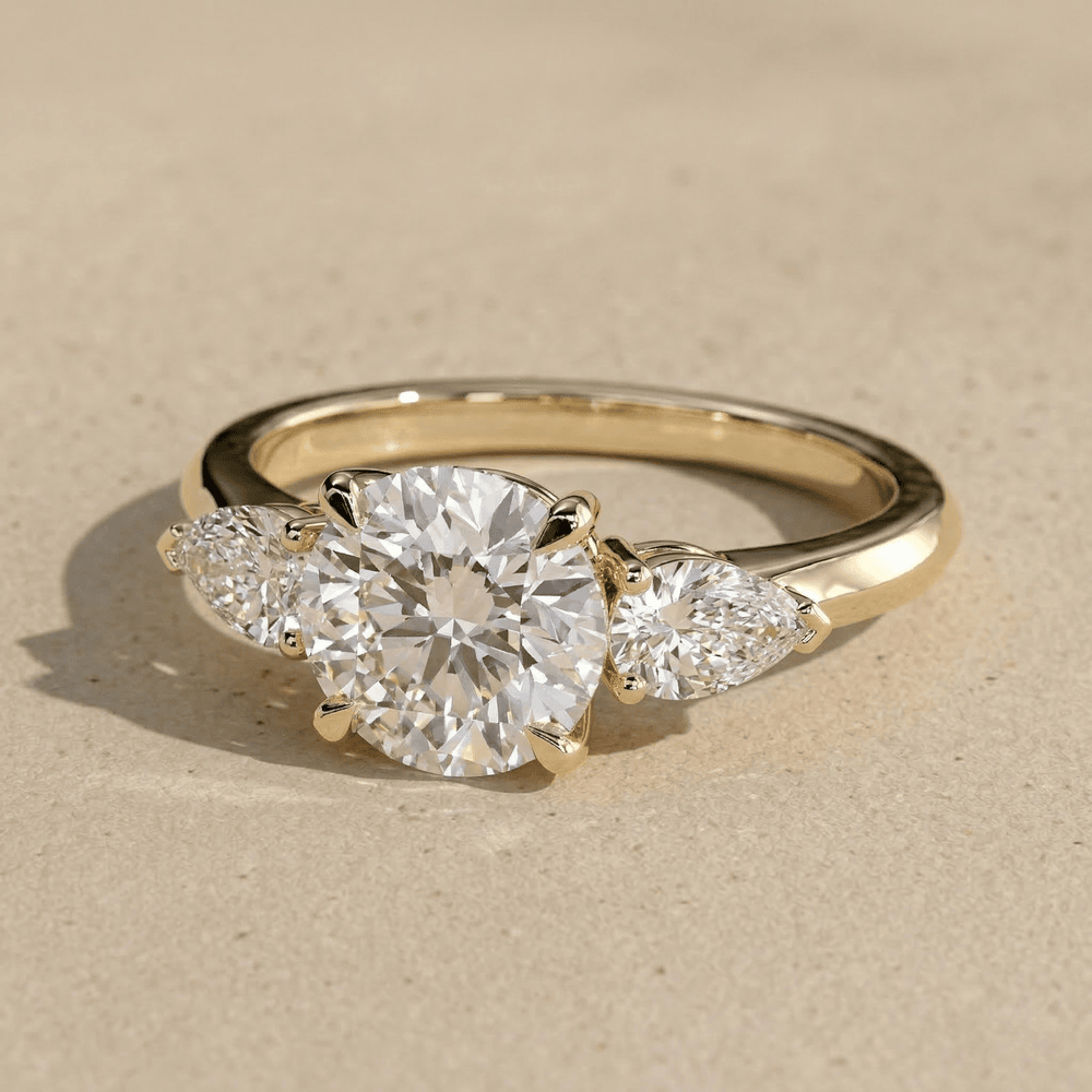 Round Lab Grown Engagement Ring -14K Gold Three Stone Ring - view 5
