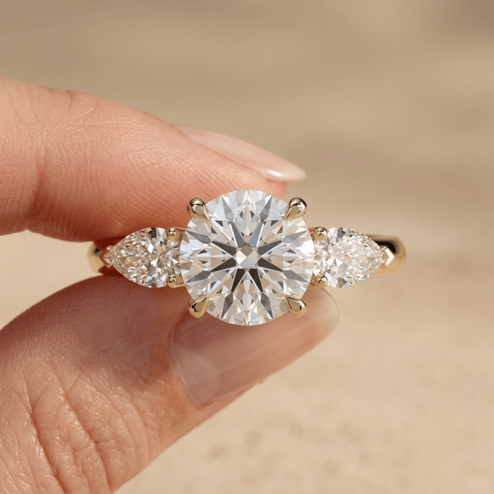 14K gold three stone lab diamond engagement ring