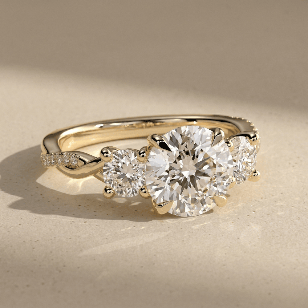 Pavé set lab diamond three stone engagement ring
