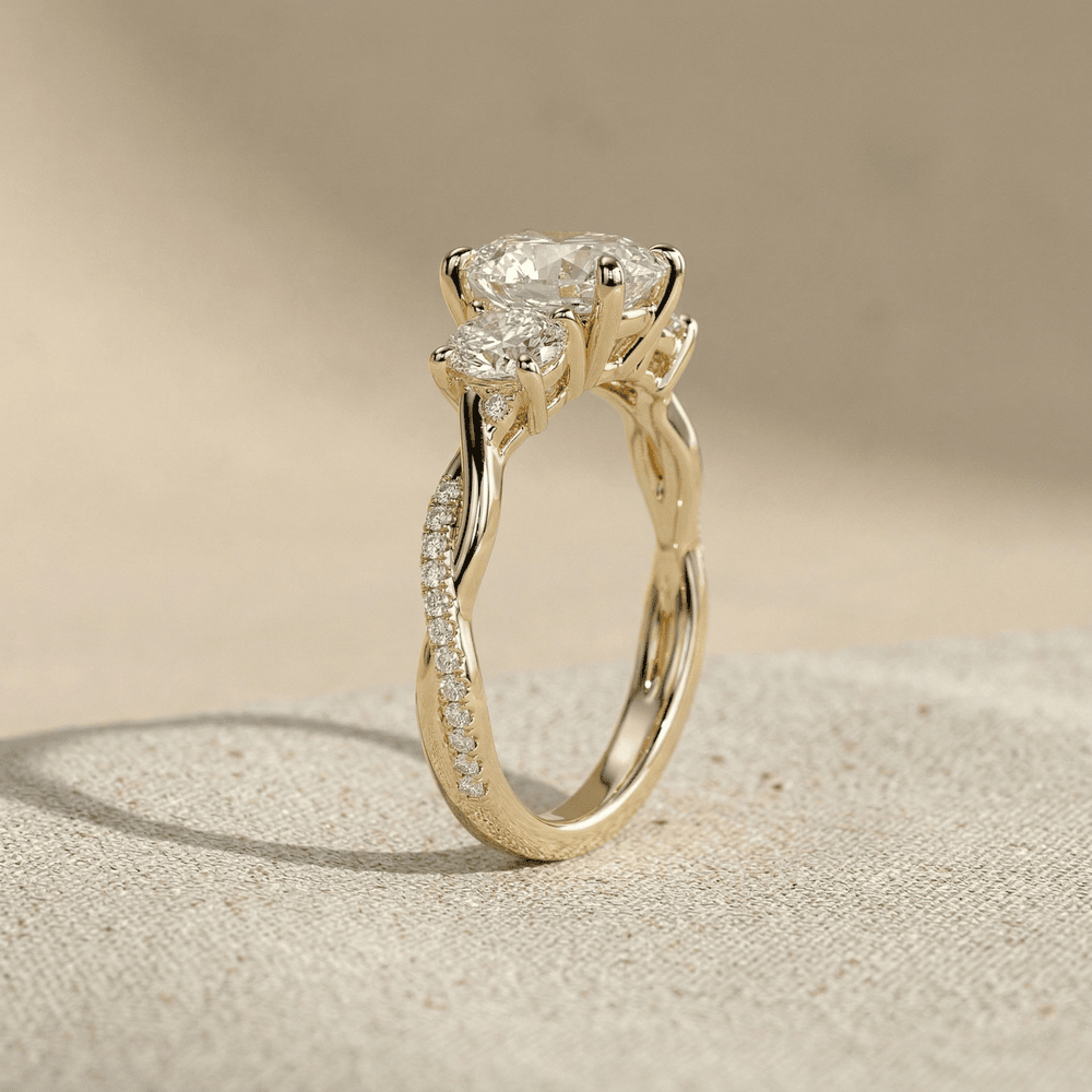 Round Lab Grown Three Stone Pave Set Twisted Wedding Ring - view 7