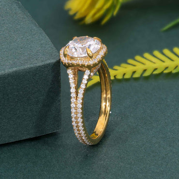 Round Moissanite Diamond Split Shank Halo Engagement Ring