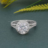 Round Moissanite Diamond Split Shank Halo Engagement Ring