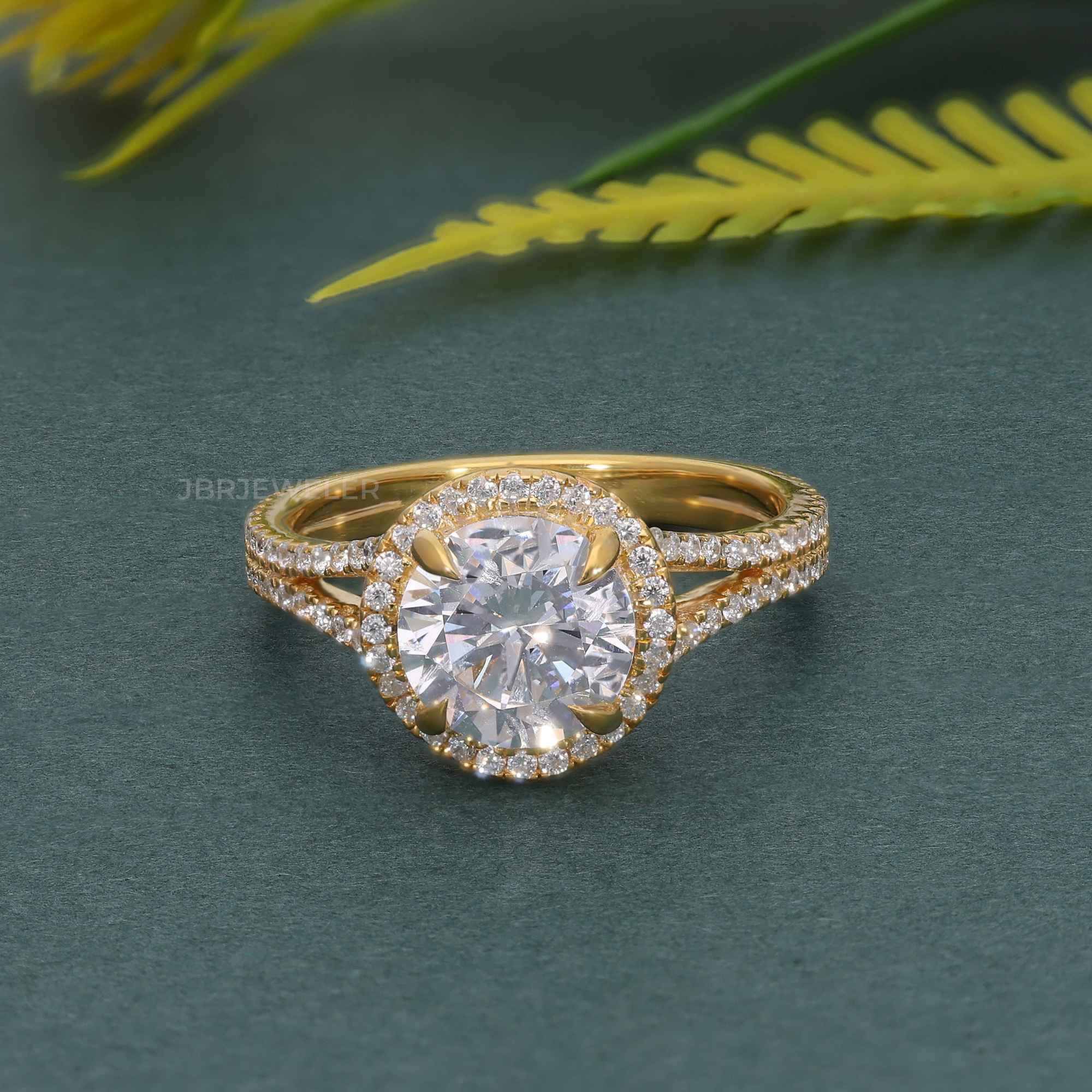 Round Moissanite Diamond Split Shank Halo Engagement Ring