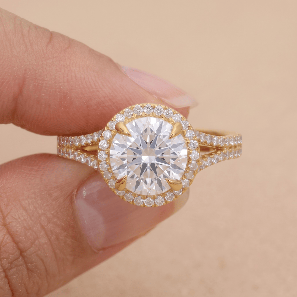 Moissanite engagement ring on model's hand