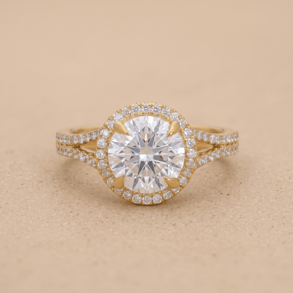 Round moissanite split shank hidden halo engagement ring