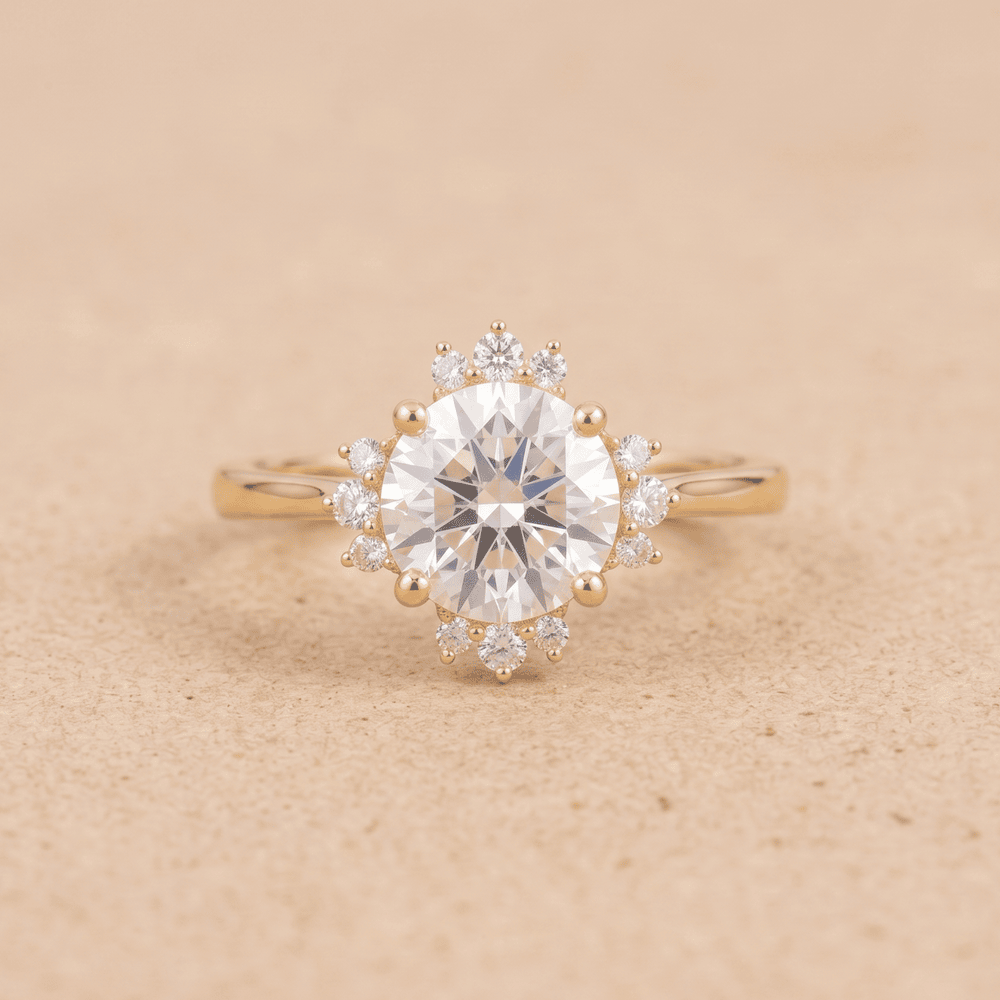 Round moissanite halo ring cathedral setting front view
