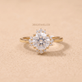 Round moissanite halo ring cathedral setting front view