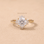 Round moissanite halo ring cathedral setting front view