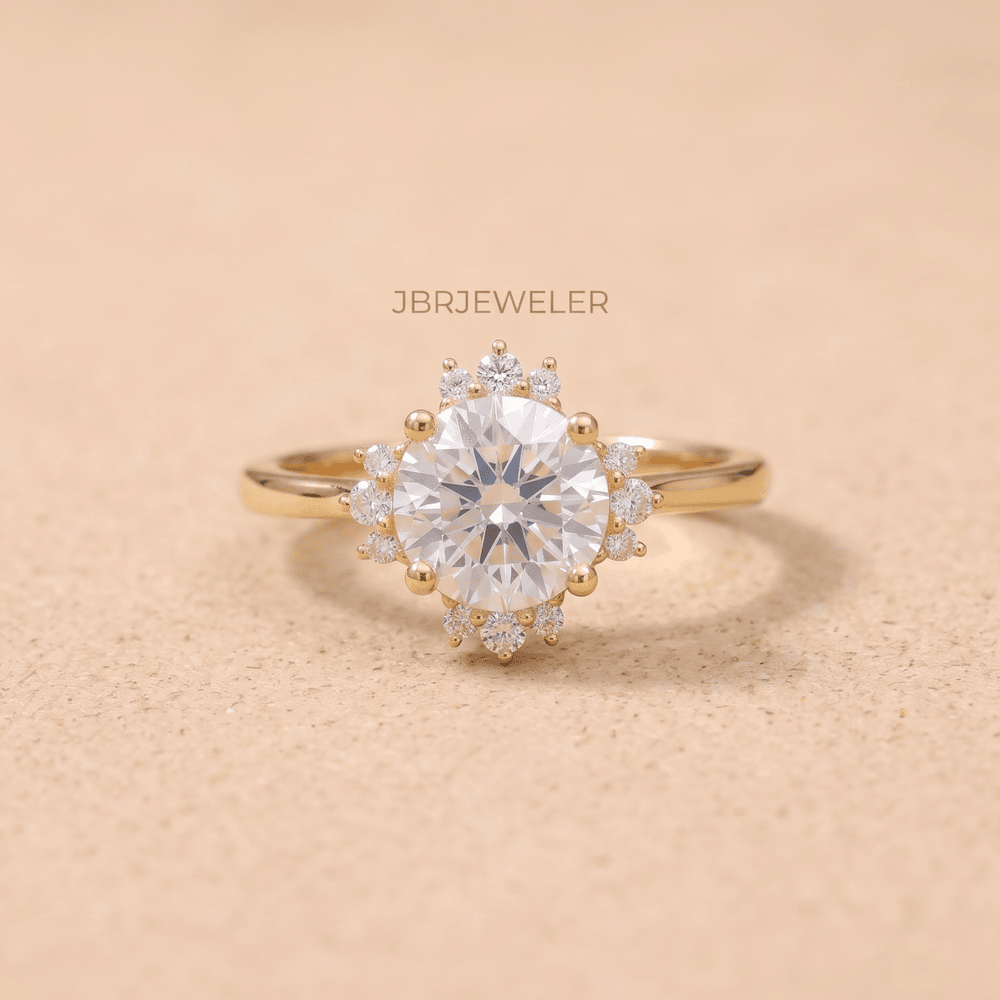 Round moissanite halo ring cathedral setting front view