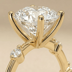 Close up of round moissanite diamond in thin gold band