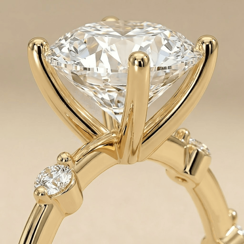 Close up of round moissanite diamond in thin gold band