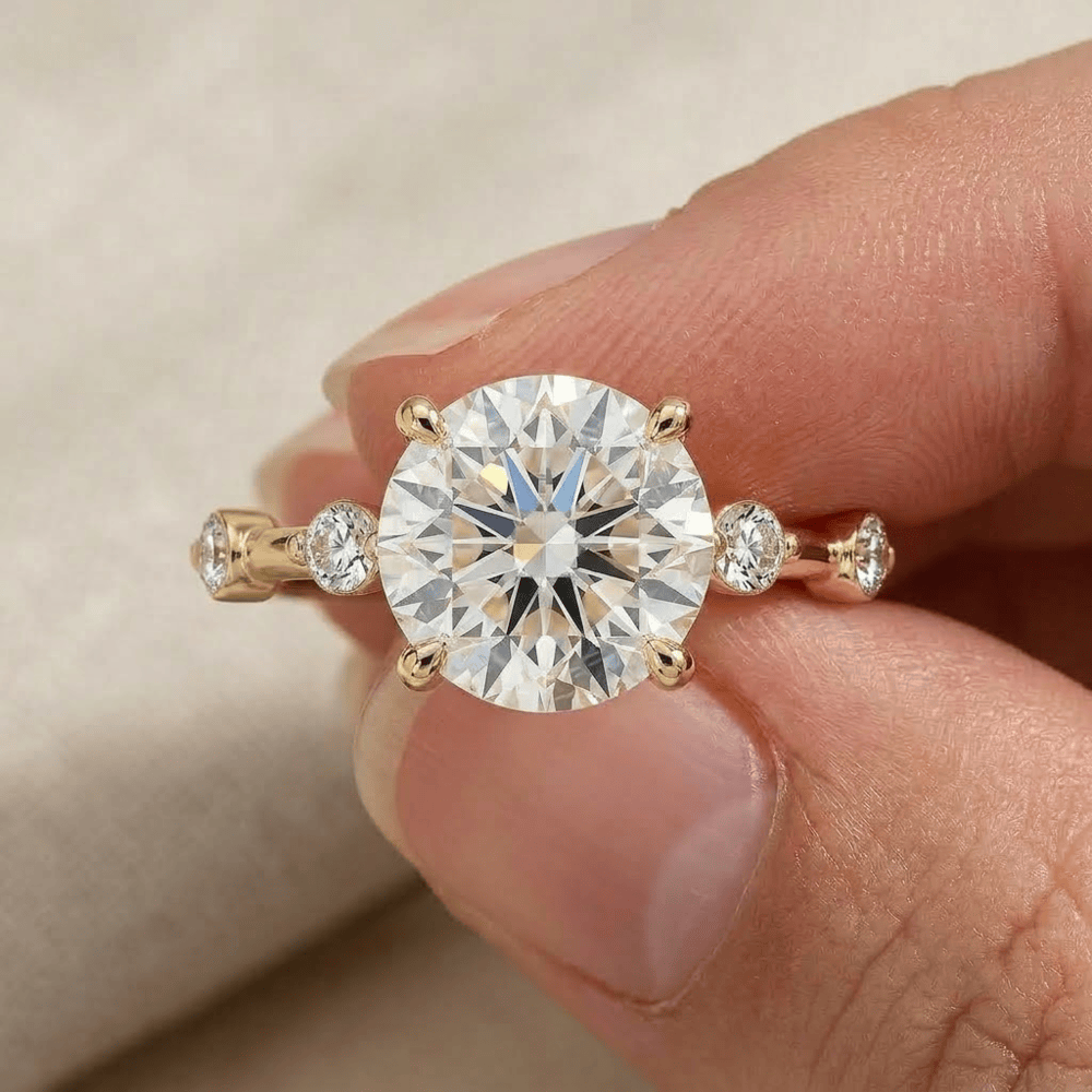 Dainty round moissanite diamond ring with slim gold band