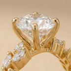 Close-up of a round moissanite floral ring setting