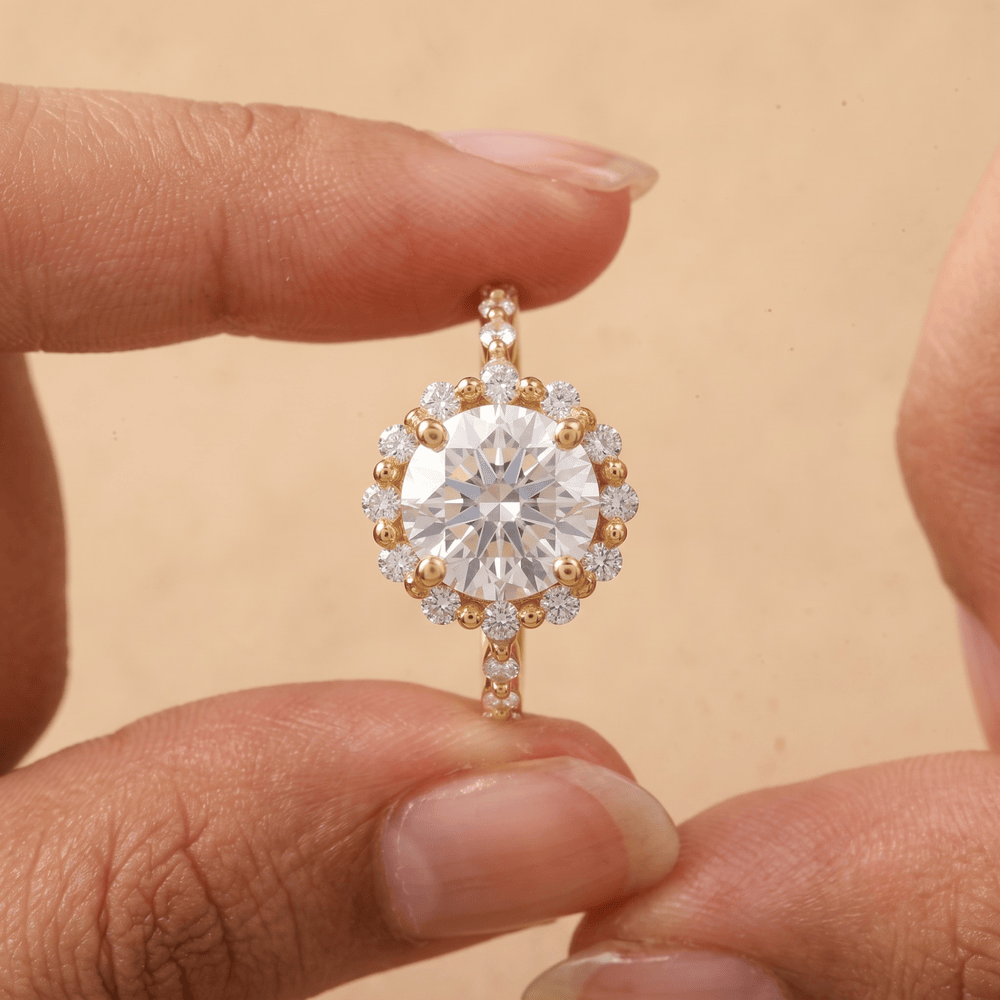 Round cut moissanite ring side profile view