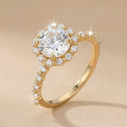 Close-up of floating halo moissanite diamond ring
