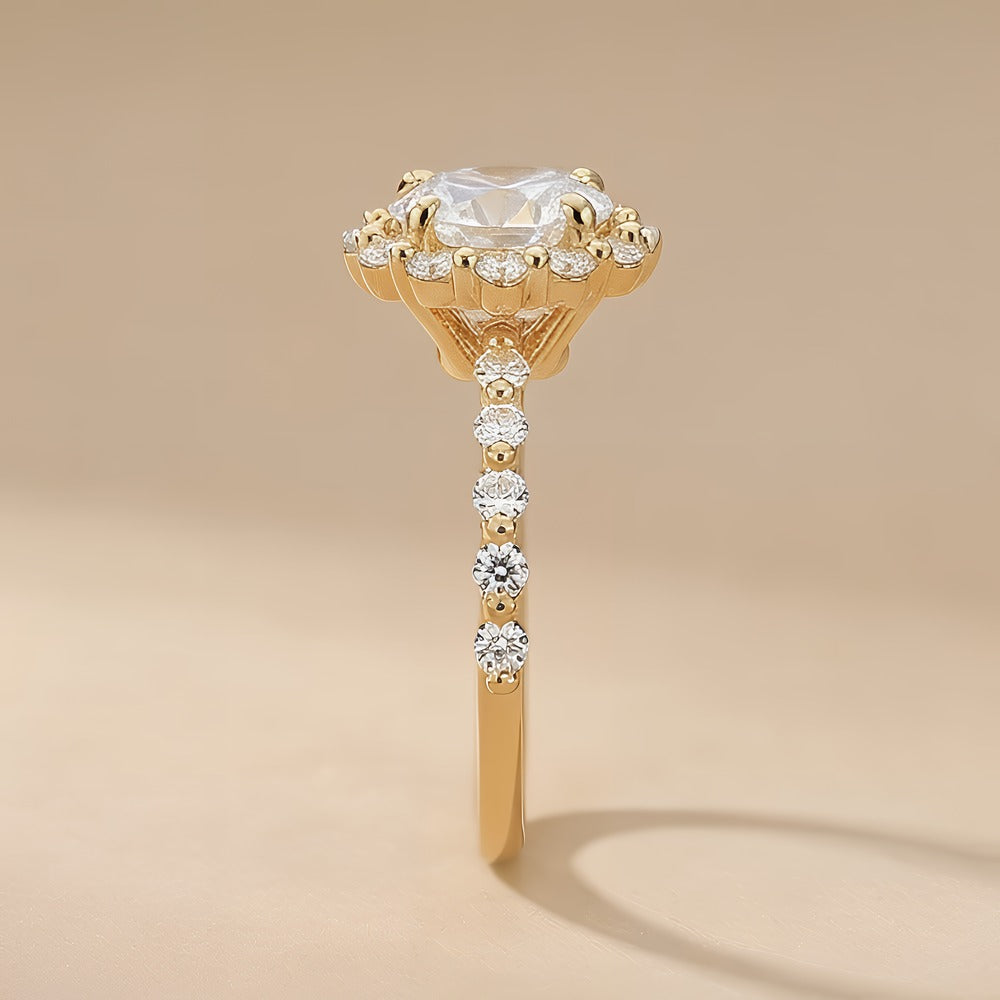 Moissanite jewelry featuring shared prong band detail