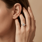 Curved band ring with round moissanite stone, lifestyle shot