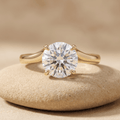 Round moissanite solitaire ring, 14K gold band front view