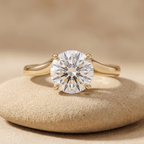 Round moissanite solitaire ring, 14K gold band front view