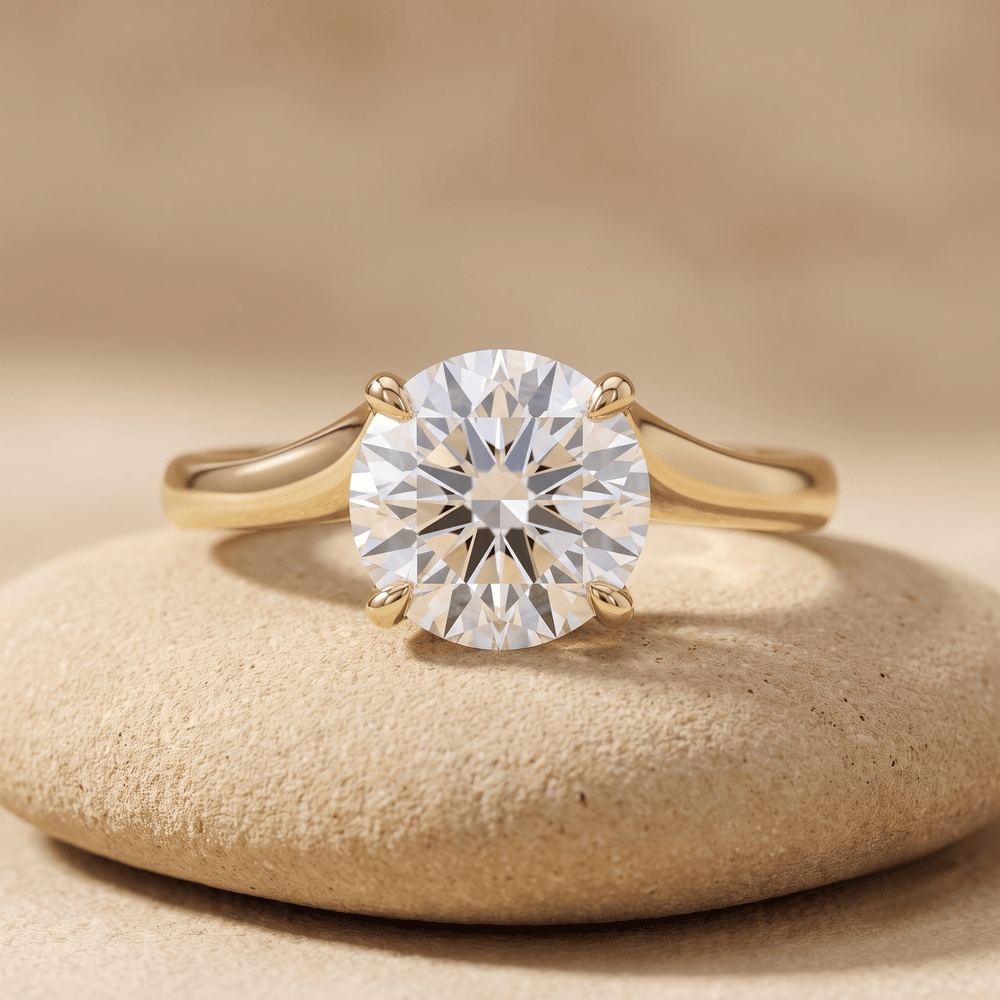 Round moissanite solitaire ring, 14K gold band front view