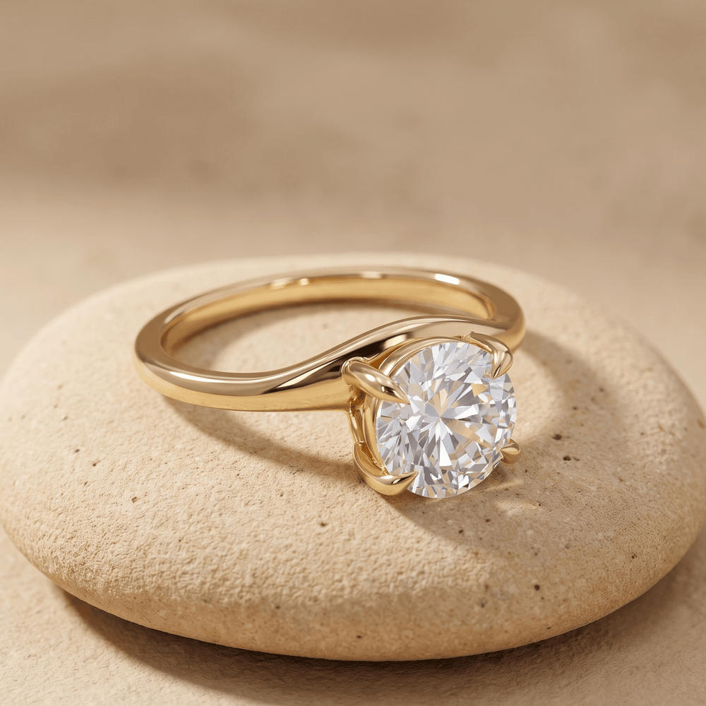 Side profile of 14K gold curved band moissanite solitaire ring