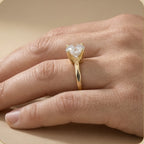 Round solitaire ring on model's hand finger side view