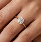 A close-up of a rose gold solitaire engagement ring with a round brilliant-cut diamond set on a person's finger.