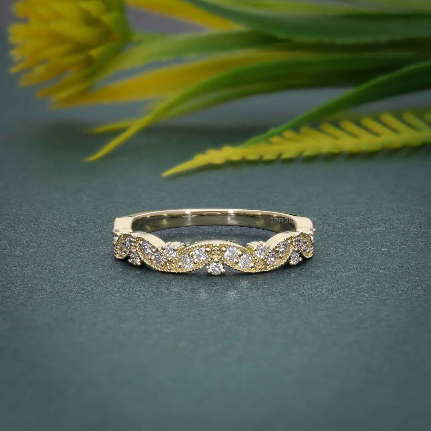 Bague de mariage vintage florale en diamant CVD cultivé en laboratoire, coupe ronde