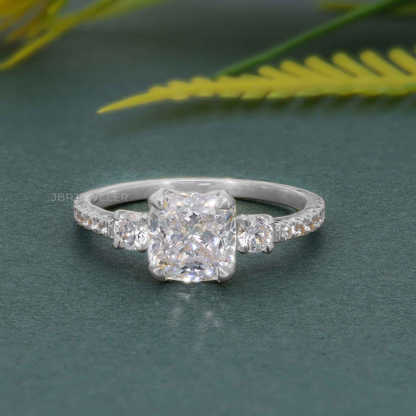 Scalloped Cushion Moissanite Diamond Trio Engagement Ring