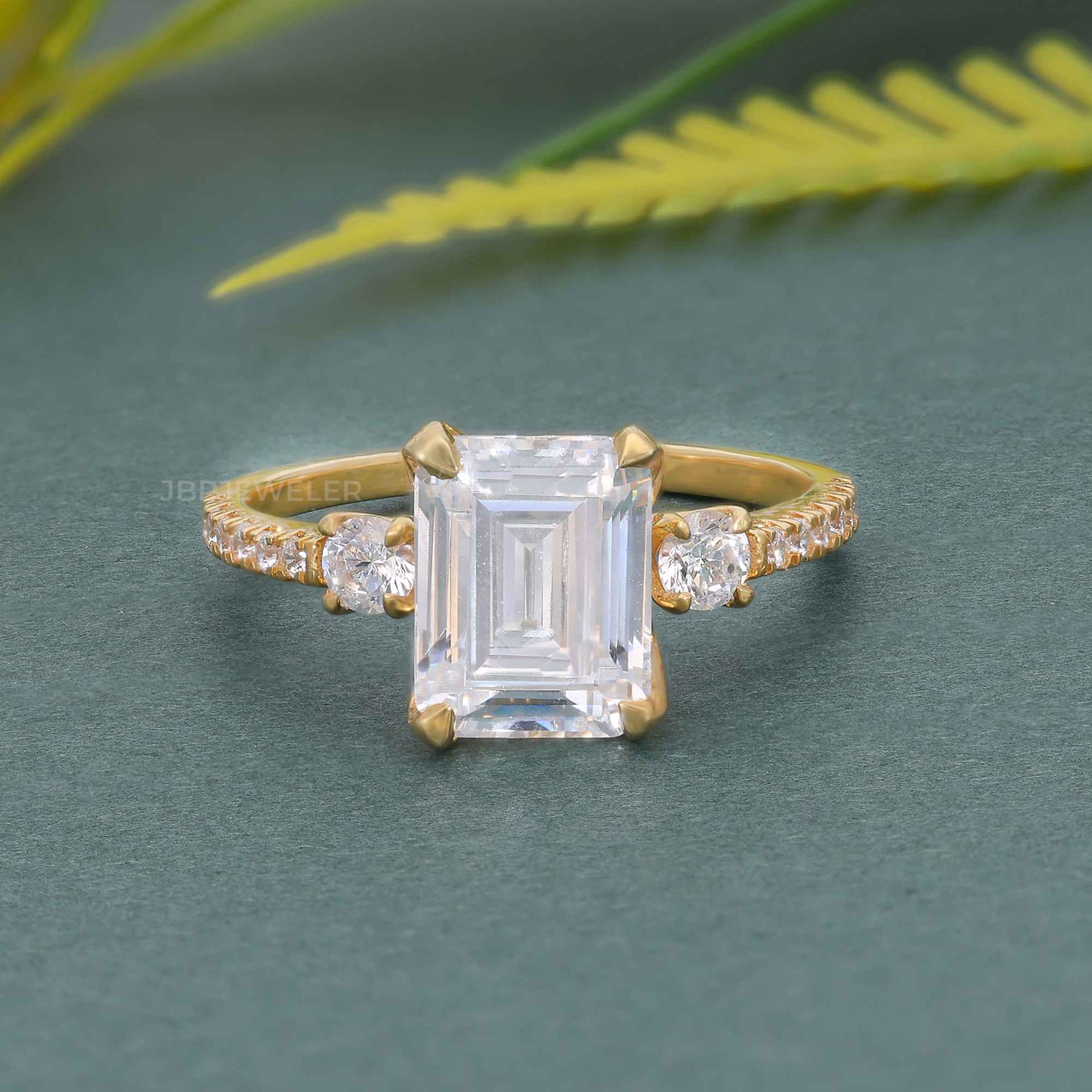 Scalloped Emerald Moissanite Diamond Trio Engagement Ring