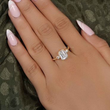 Scalloped Emerald Moissanite Diamond Trio Engagement Ring