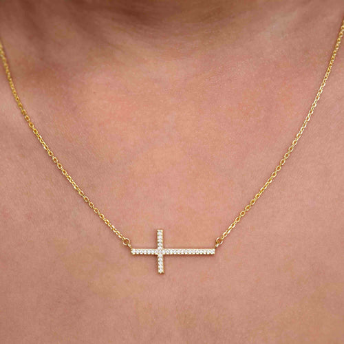 Sideway Cross Moissanite Diamond Cross Pendant 14k Religious Necklace Pendant - JBR Jeweler