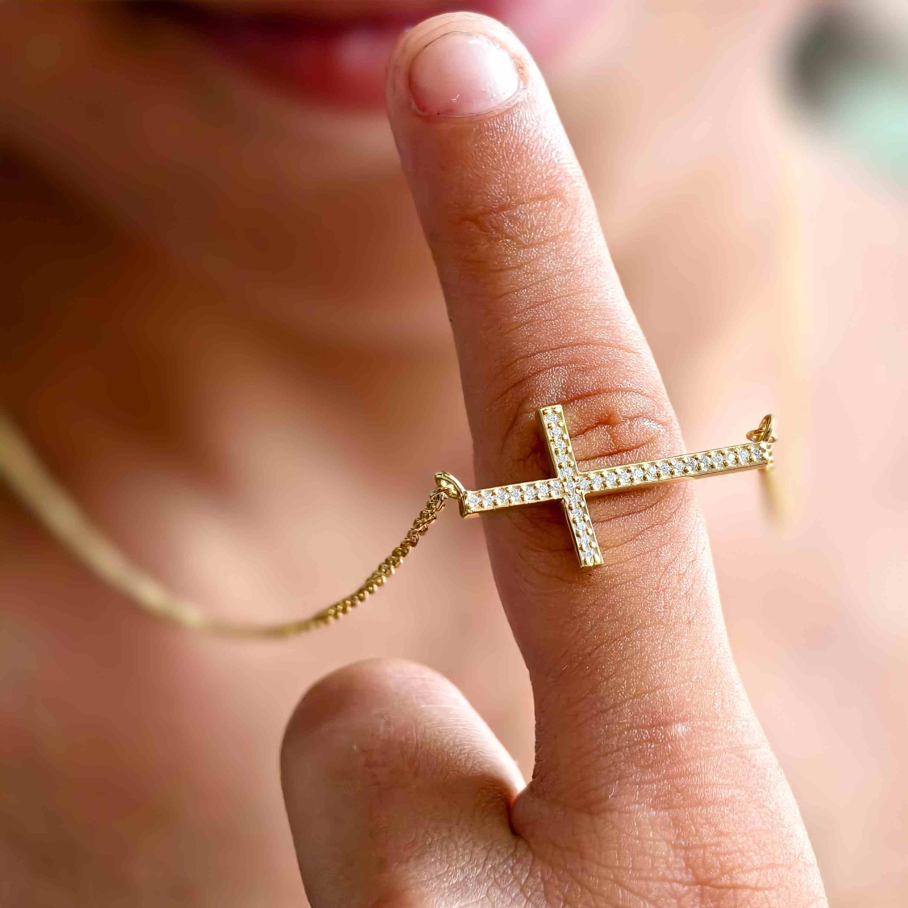 Sideway Cross Moissanite Diamond Cross Pendant 14k Religious Necklace Pendant - JBR Jeweler